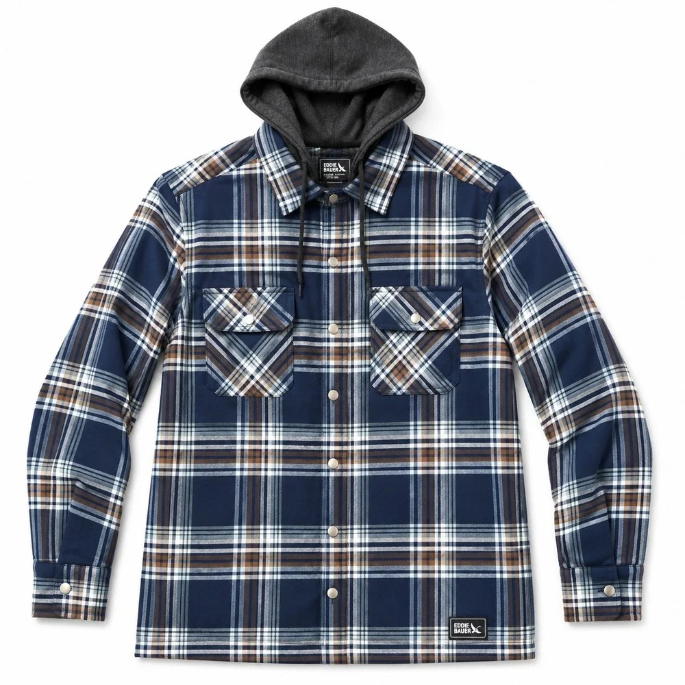 Eddie Bauer Hooded Shirt Jacket Mens S‎ Plaid Flannel Quilted Snap Shacket NWT